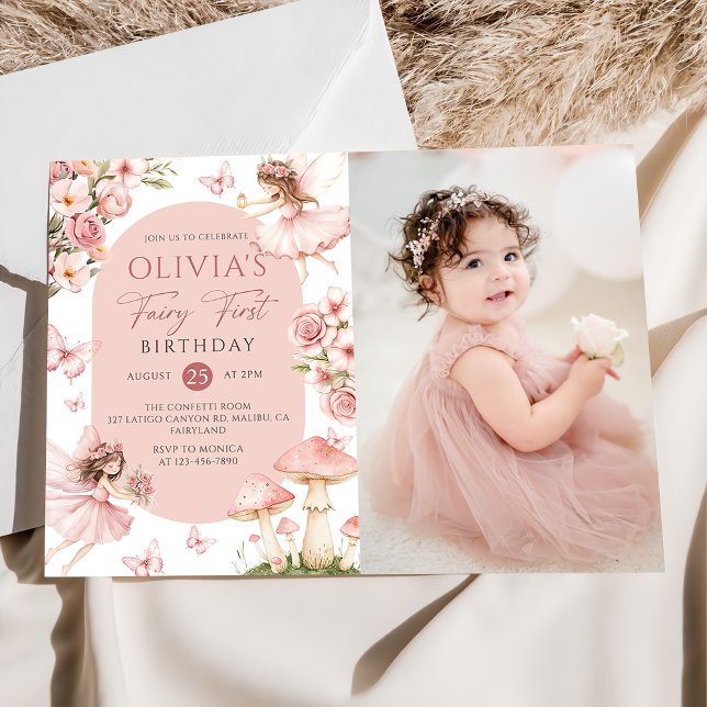 Pink Floral Fairy First Birthday Photo Invitation (Creator Uploaded)