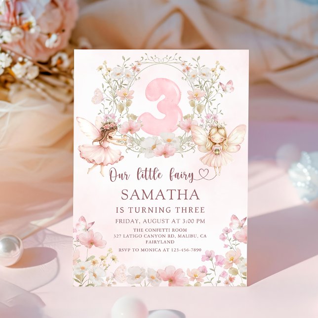 Pink Floral Fairy Garden 3rd Birthday Invitation (Creator Uploaded)
