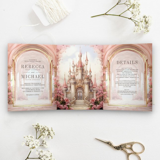 Pink Floral Fairytale Castle All in One Wedding Tri-Fold Invitation (Creator Uploaded)