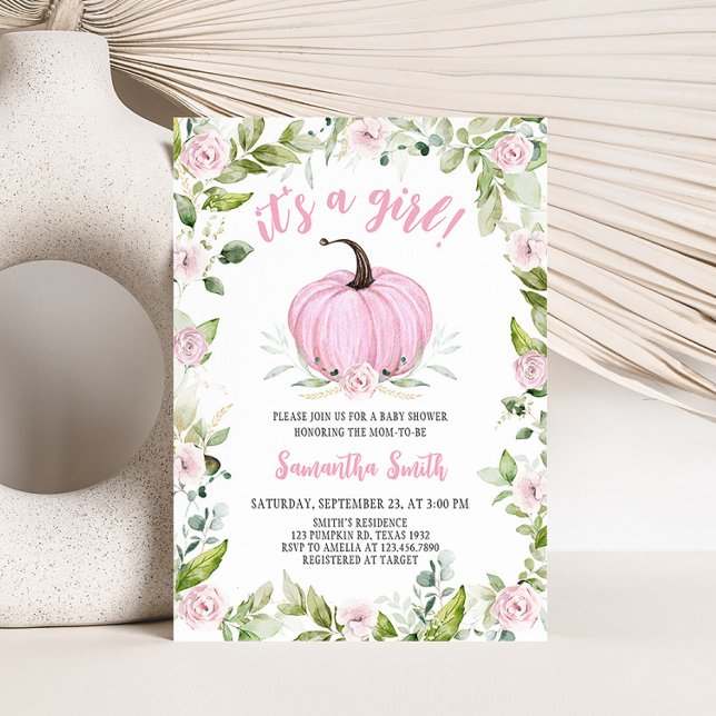 Pink Floral Fall Pumpkin Baby Shower Invitation (Greenery Pink Pumpkin Baby Shower Invitation)