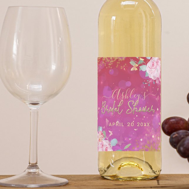 Pink Floral Fancy Elegant Romantic Bridal Shower Wine Label (Creator Uploaded)