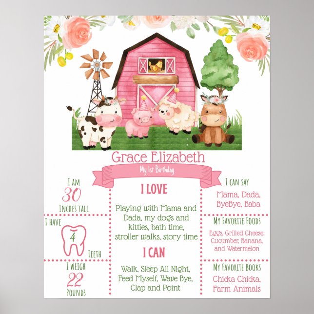 Pink Floral Farm 1st Birthday Milestone Poster (Front)