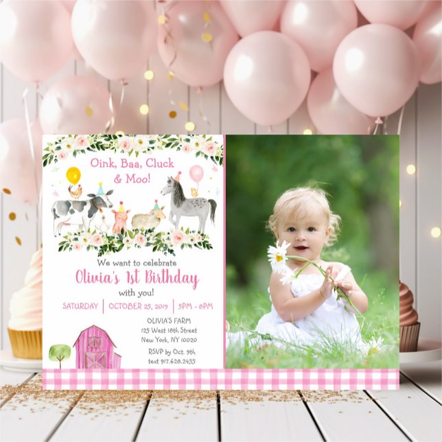 Pink Floral Farm Animal 1st Birthday Invitation (Creator Uploaded)