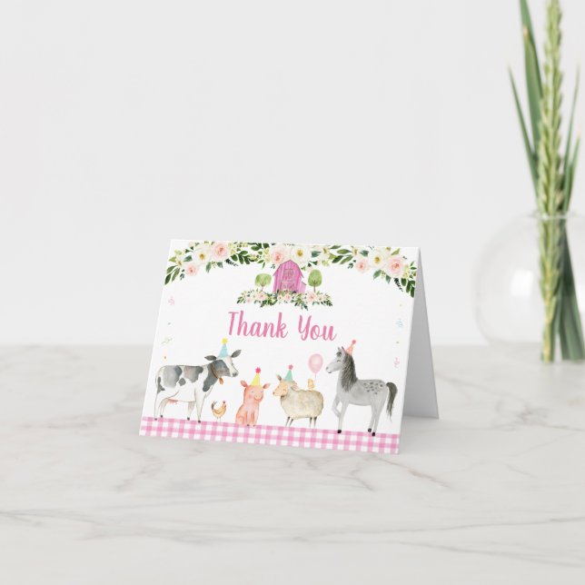 Pink Floral Farm Animal Thank You Card (Front)