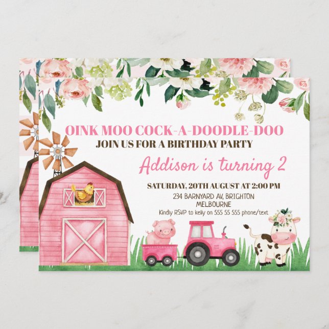 Pink Floral Farm Animals Birthday Invitations (Front/Back)