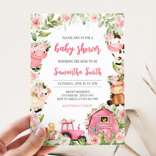 Pink Floral Farm Barnyard Baby Shower Invitation