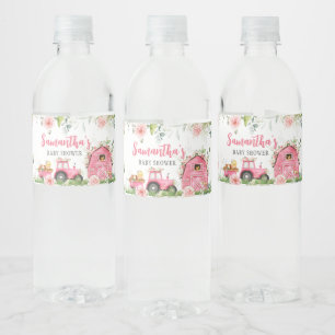 Pink Floral Farm Barnyard Baby Shower  Water Bottle Label