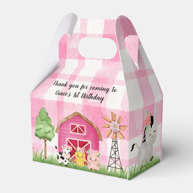 Pink Floral Farm Barnyard Birthday Party Favour Bo Box (Front Side)