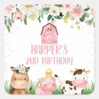 Pink Floral Farm Birthday Favour Sticker