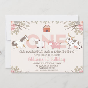 Pink Floral Farm Farmyard 1st Birthday Invitation