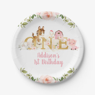 Pink Floral Farm First Birthday Paper Plate