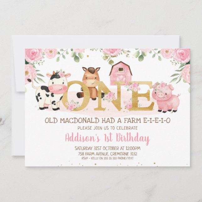 Pink Floral Farm Gold One First Birthday Invitation (Front)