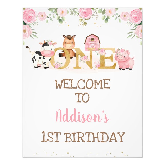 Pink Floral Farm Word First Birthday Welcome Sign (Front)
