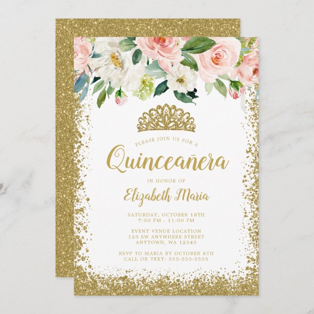 Pink Floral Faux Glitter Tiara Quinceanera Invitation (Front/Back)