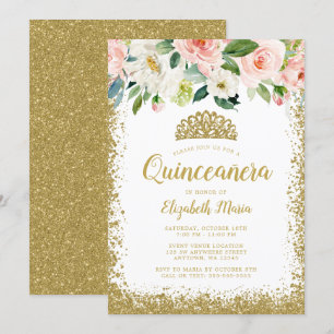 Pink Floral Faux Glitter Tiara Quinceanera Invitation