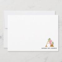 Pink Floral Faux Gold Monogram Name Letter A