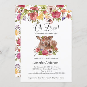 Pink Floral Fawn Oh Deer Girl Baby Shower Invitation