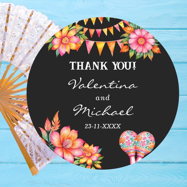 Pink Floral Fiesta Mexican Wedding Thank You Classic Round Sticker (Creator Uploaded)