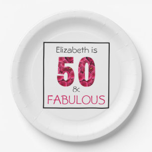 Pink Floral Fifty and Fabulous 50th Birthday Paper Plate