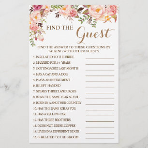 Pink Floral Find the Guest Bridal Shower Game Card