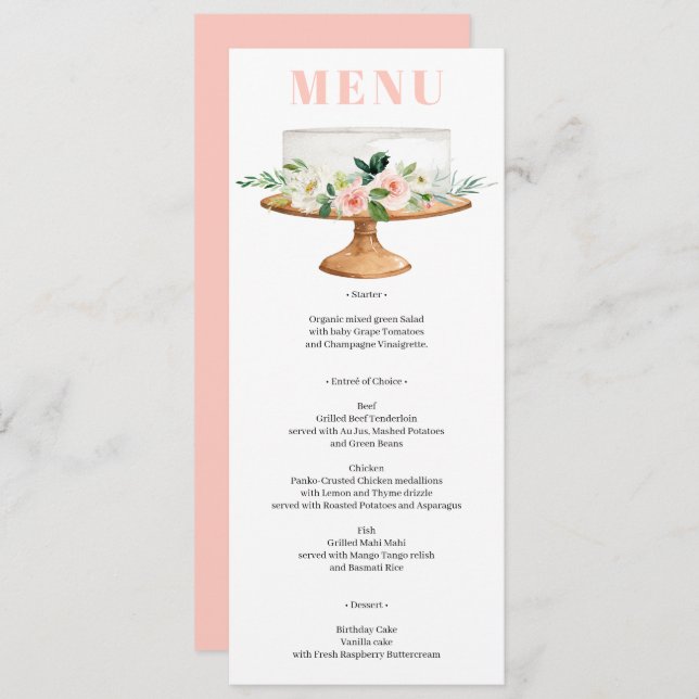 Pink Floral First Birthday Cake Menu Invitation (Front/Back)