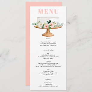 Pink Floral First Birthday Cake Menu Invitation