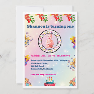 Pink Floral First Birthday Invitations