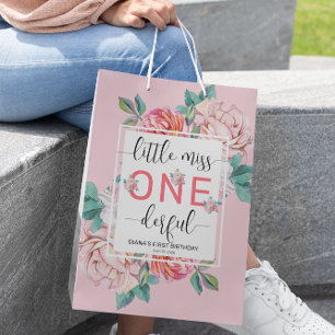 Pink Floral First Birthday  Medium Gift Bag