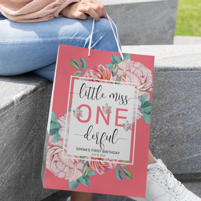 Pink Floral First Birthday  Medium Gift Bag (Creator Uploaded)