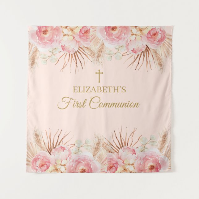 Pink Floral First Communion Backdrop banner Tapestry (Front)