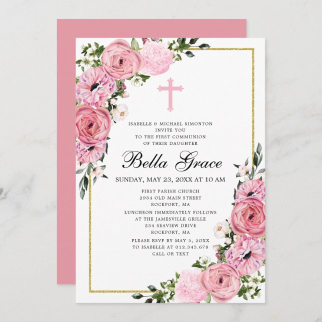 Pink Floral First Communion Invitation (Front/Back)