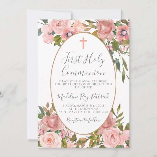 Pink Floral First Communion Invitation (Front)