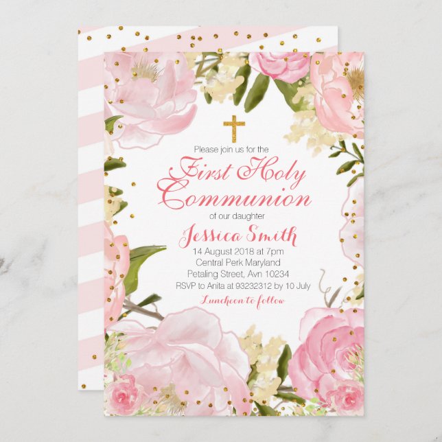 Pink floral First Communion Invitation. Invitation (Front/Back)