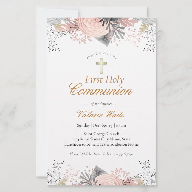 Pink Floral First Communion Invitations (Front)