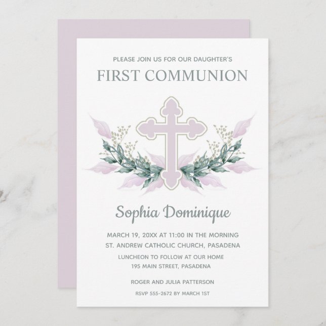 Pink Floral First Communion Invitations (Front/Back)