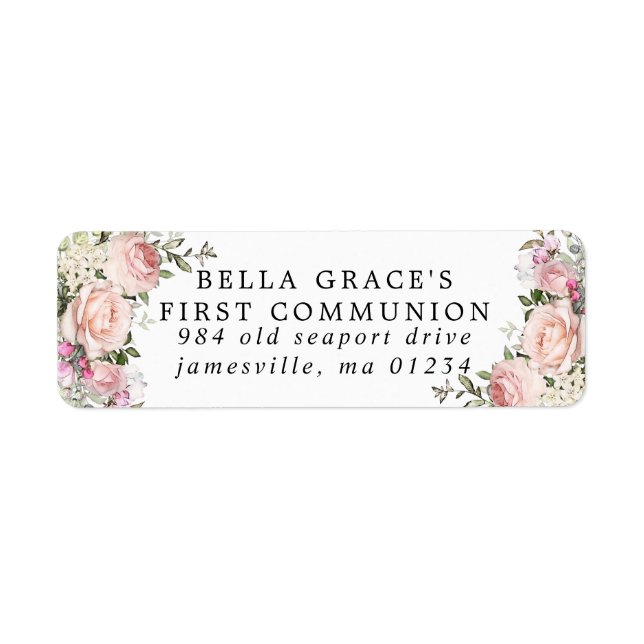 Pink Floral First Communion Return Address Label (Front)