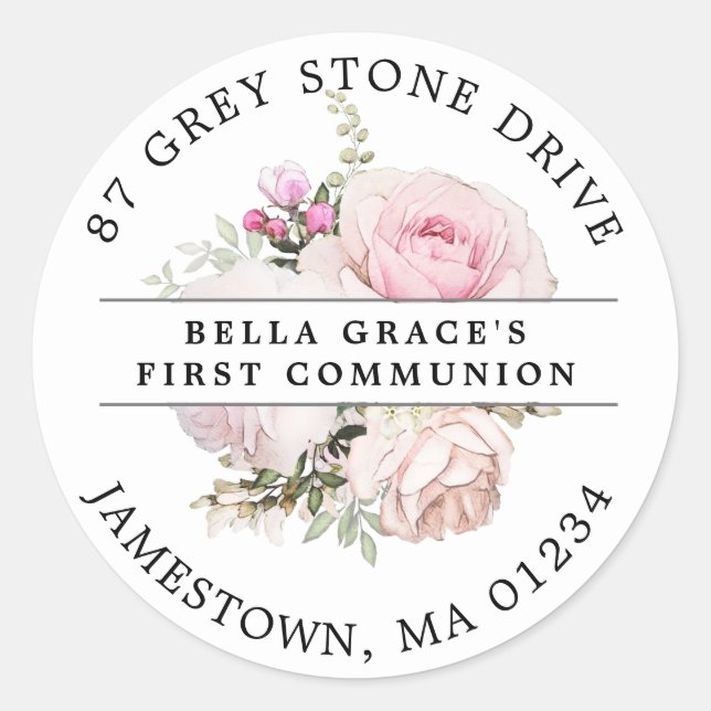 Pink Floral First Communion Return Address Label (Front)