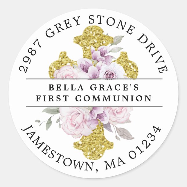 Pink Floral First Communion Return Address Label (Front)