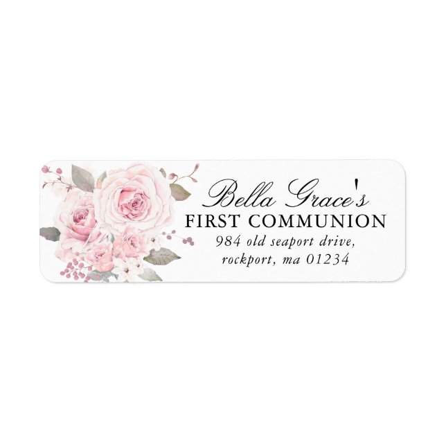 Pink Floral First Communion Return Address Label (Front)