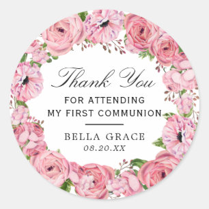 Pink Floral First Communion Thank You Classic Round Sticker