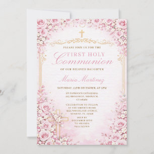 Pink Floral First Holy Communion Cross Religious Invitation
