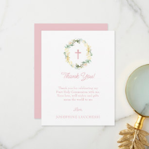 Pink Floral First Holy Communion Custom Thank You Card