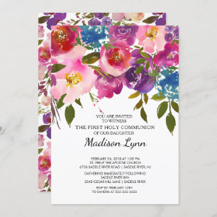 Pink Floral First Holy Communion Invitation