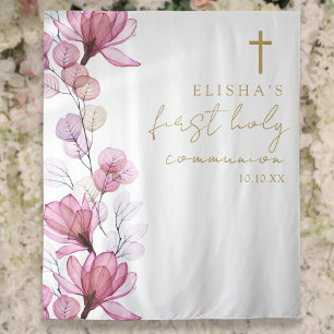 Pink Floral First Holy Communion Photo Backdrop Tapestry