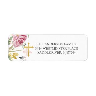 Pink Floral First Holy Communion Return Address Label