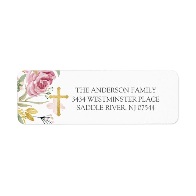 Pink Floral First Holy Communion Return Address Label (Front)