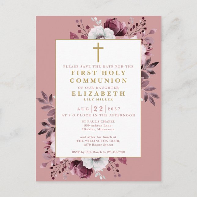 Pink Floral First Holy Communion Save The Date Postcard (Front)