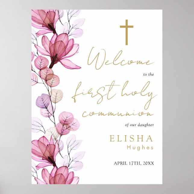 Pink Floral First Holy Communion Welcome Sign (Front)