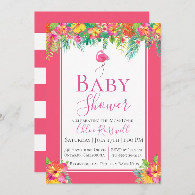 Pink Floral Flamingo Baby Shower Invitation (Front/Back)