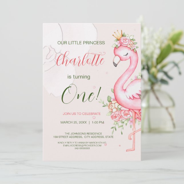 Pink Floral Flamingo Girl Birthday Invitation (Standing Front)